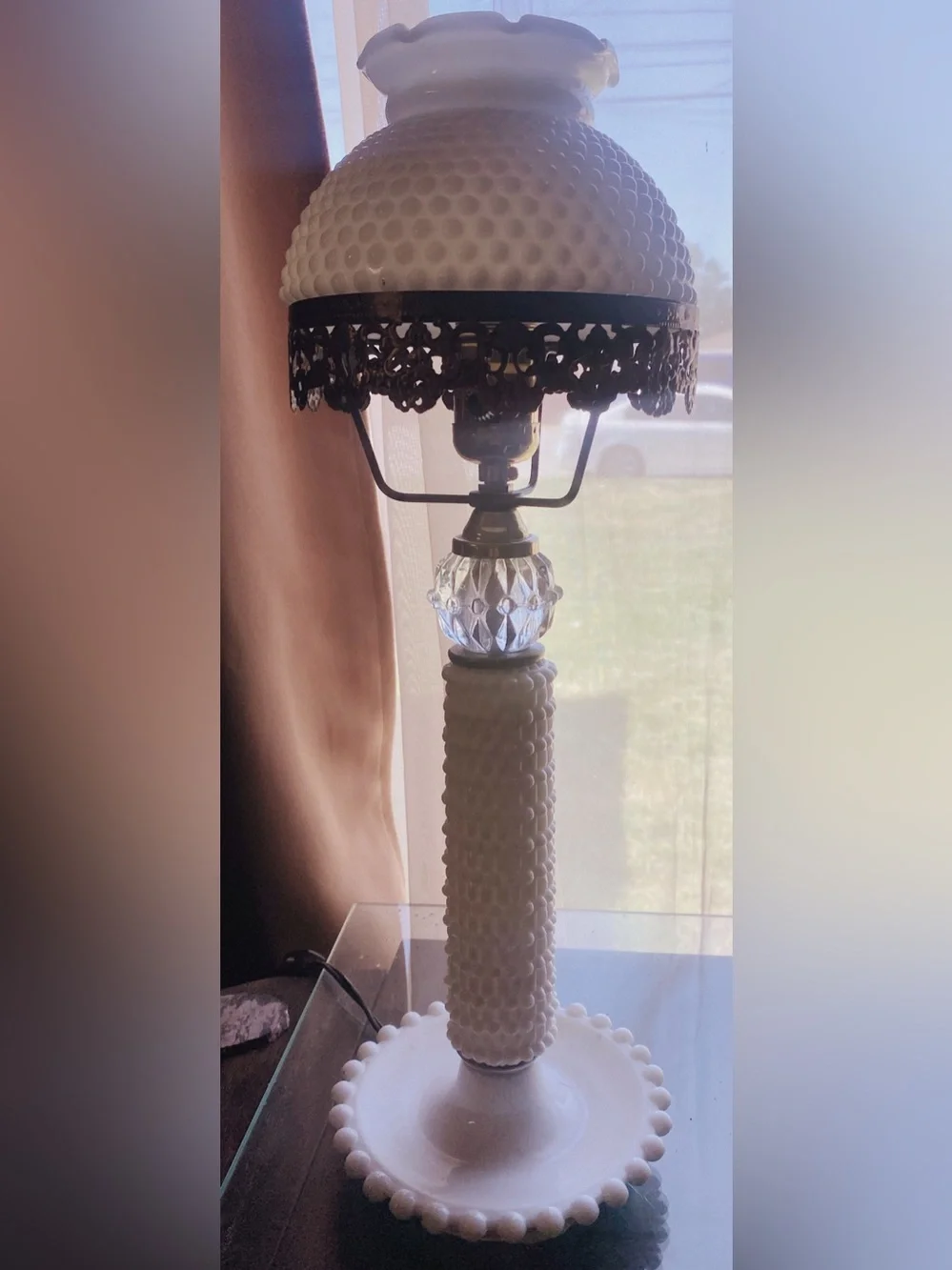 Vintage hobnail milk glass hurricane lamp
